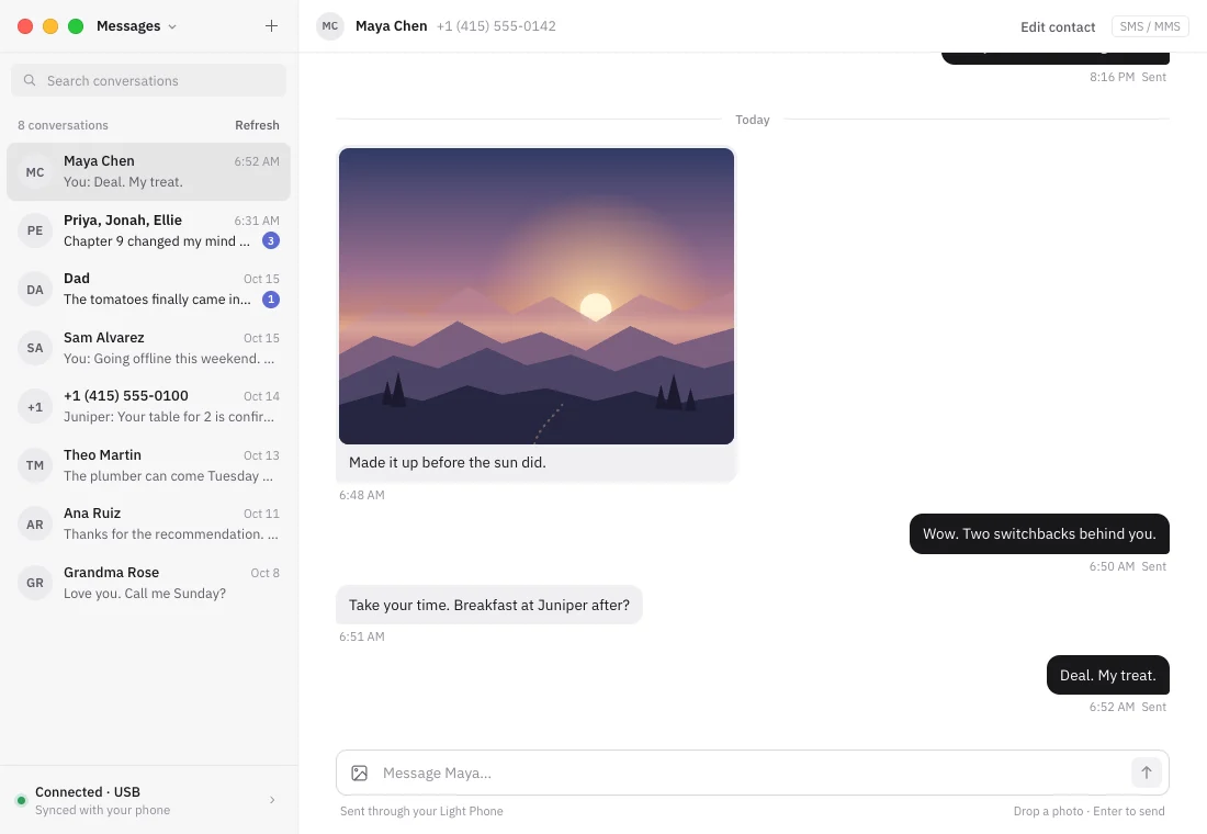 Slight on a Mac: a conversation with Maya, including a sunrise photo, beside the list of conversations.